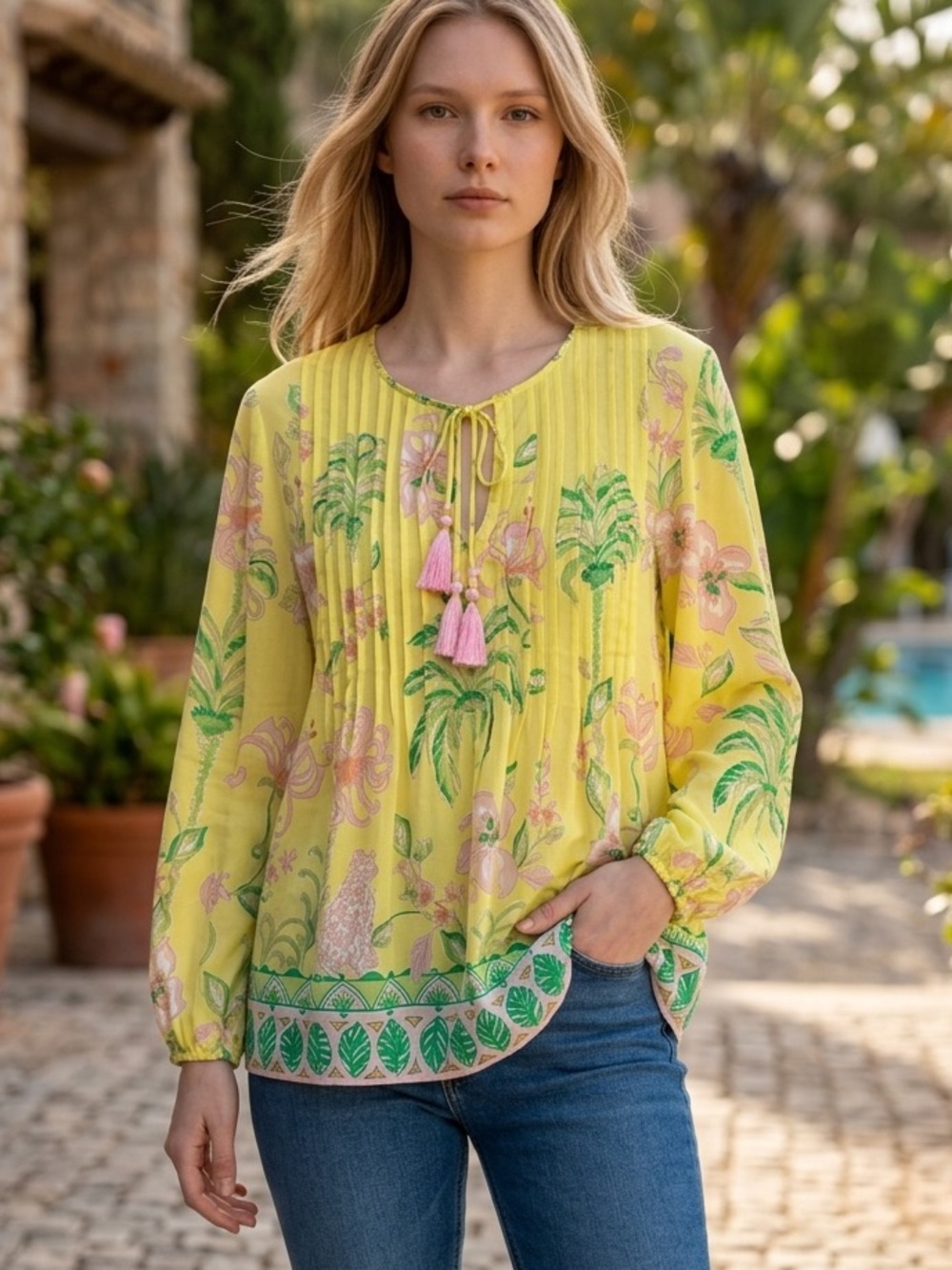 Lilly Pulitzer Yellow Floral Pintuck Blouse with Pink Tassel Tie